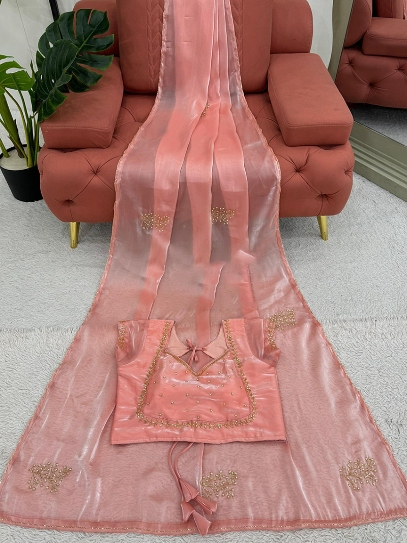 Designer Ethnic Festive Pastel Peach Jimmy Choo Silk Saree