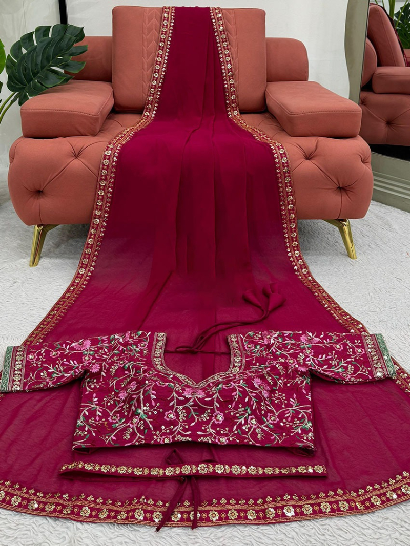 Elegant Ethnic Festive Deep Magenta Faux Georgette Saree