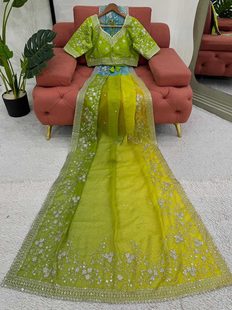 Traditional Festive Ethnic Lime Green & Yellow Ombre Tabby Silk Saree