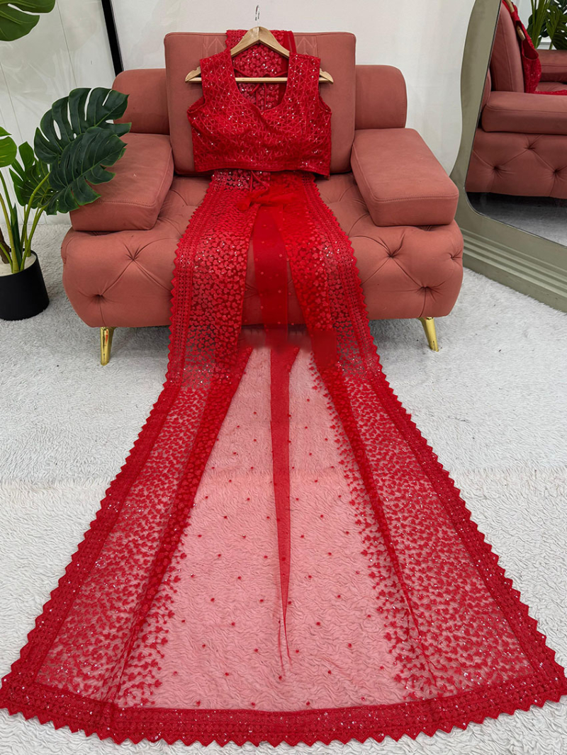 Designer Festive Traditional Red Soft Net Saree