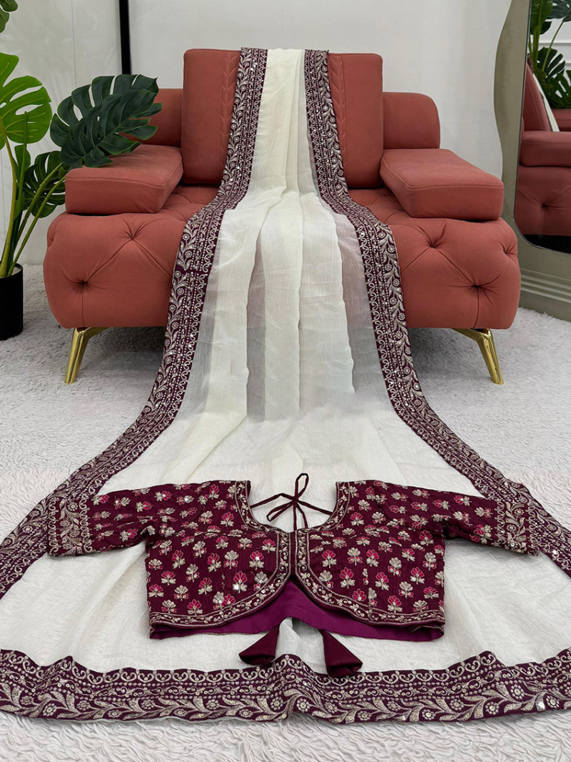 Traditional Ethnic Festive Elegant Off White Crunchy Silk Saree