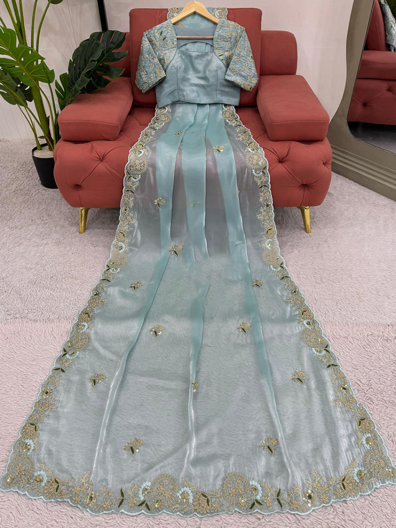 Authentic Elegant Ethnic Festive Light Blue Jimmy Choo Saree