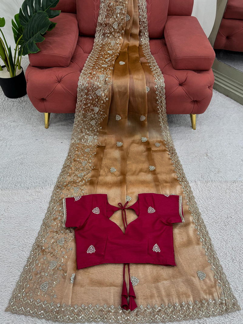 Ethnic Traditional Festive Copper Gold Burberry Silk Saree
