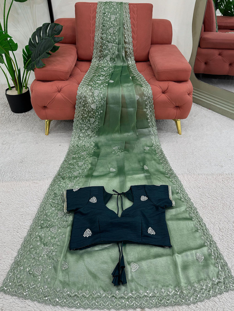 Traditional Ethnic Festive Basil Green Burberry Silk Saree