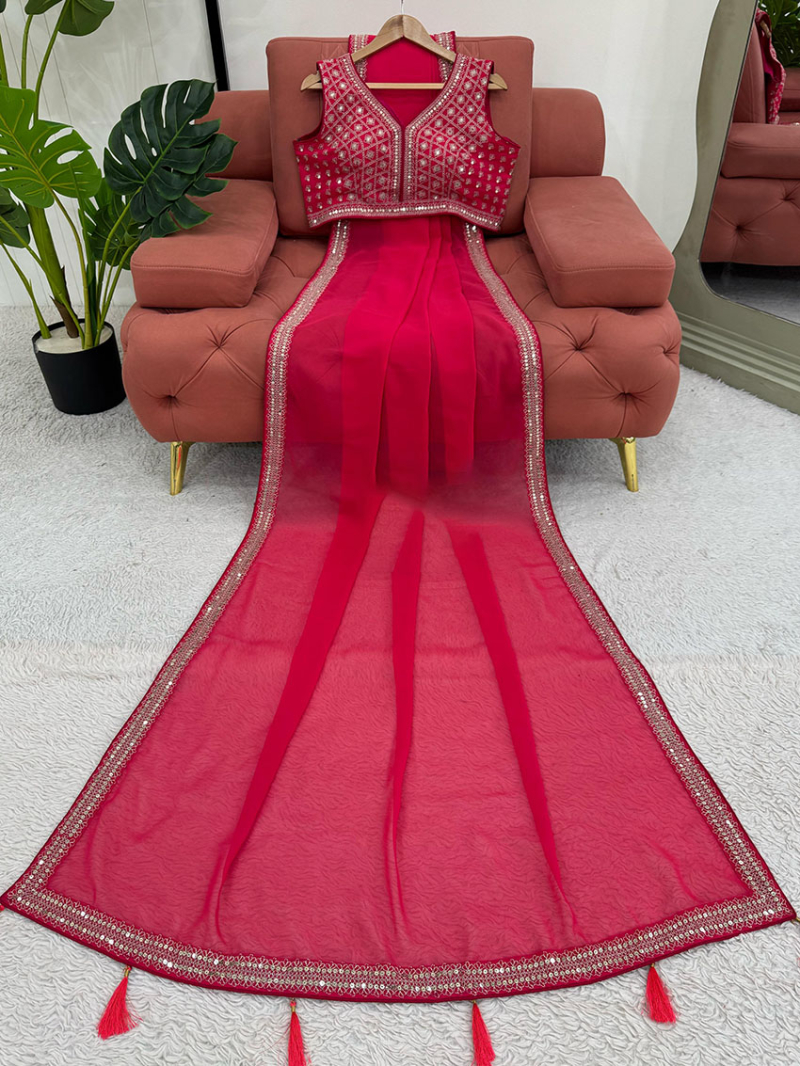 Elegant Traditional Ethnic Festive Red Pink Georgette Saree