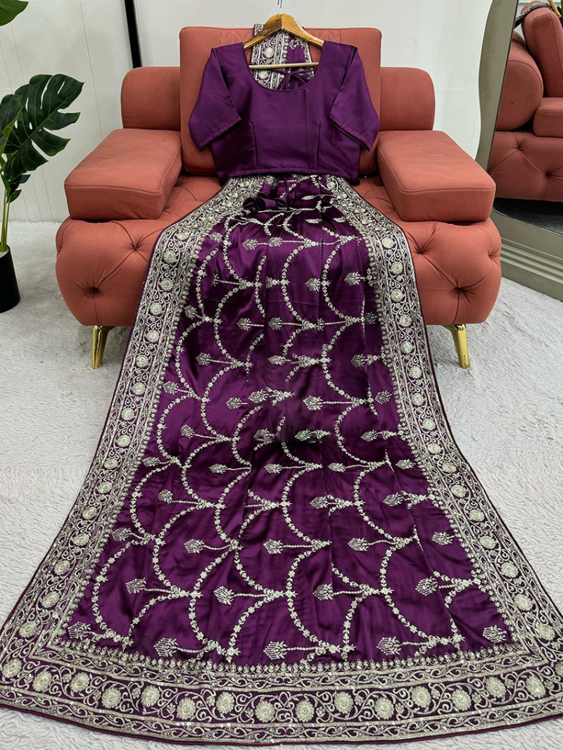 Designer Traditional Ethnic Festive Plum Japan Satin Silk Saree