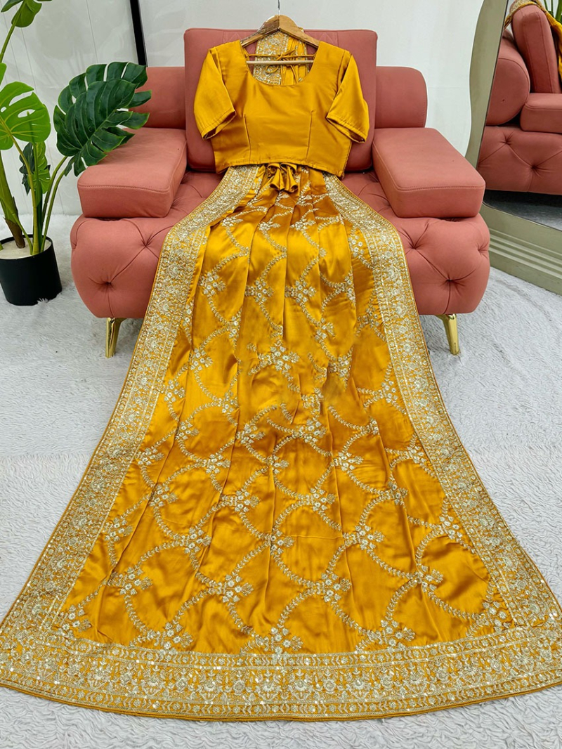 Authentic Traditional Ethnic Festive Mustard Japan Satin Silk Saree
