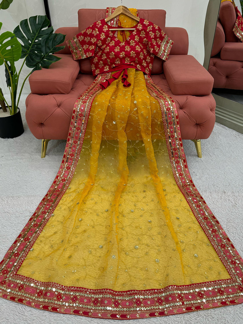 Authentic Elegant Festive Ethnic Yellow Organza Silk Saree