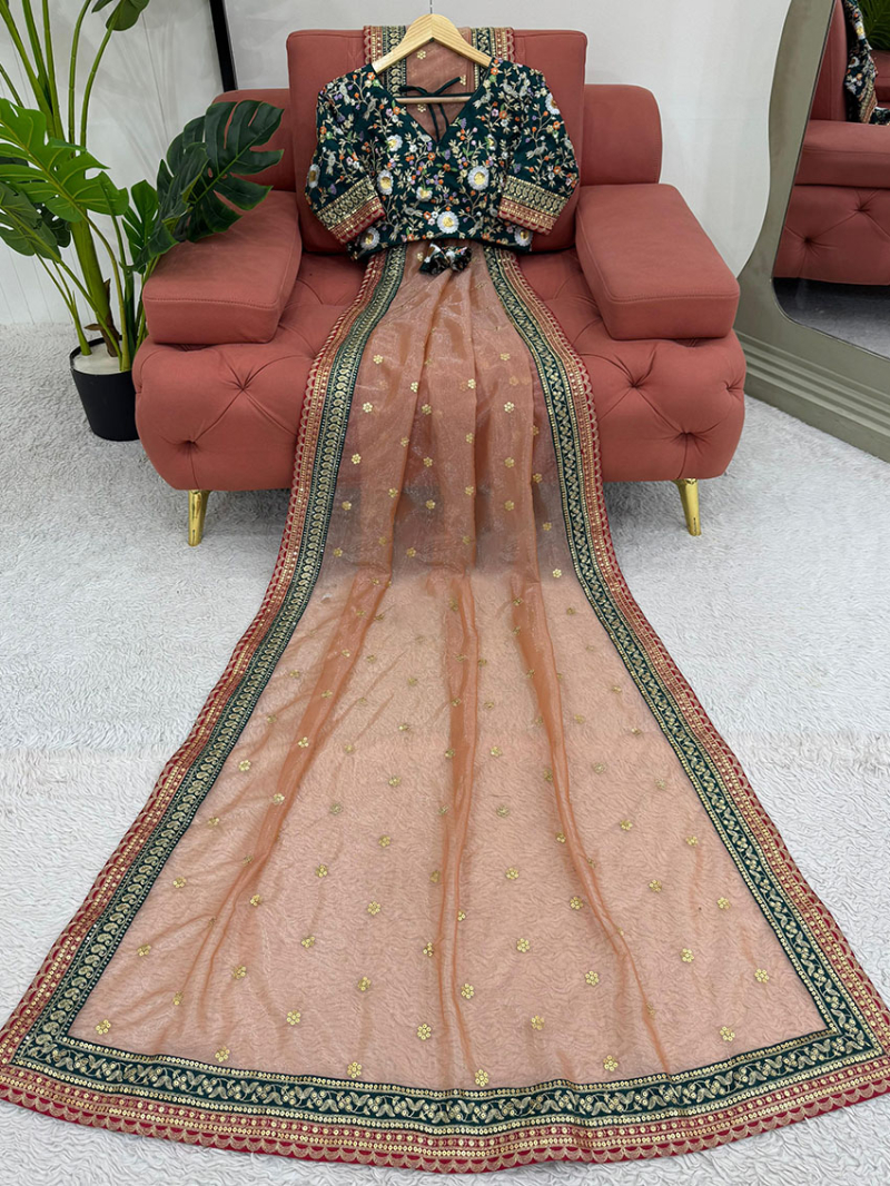 Authentic Festive Traditional Pastel Peach Twill Net Saree