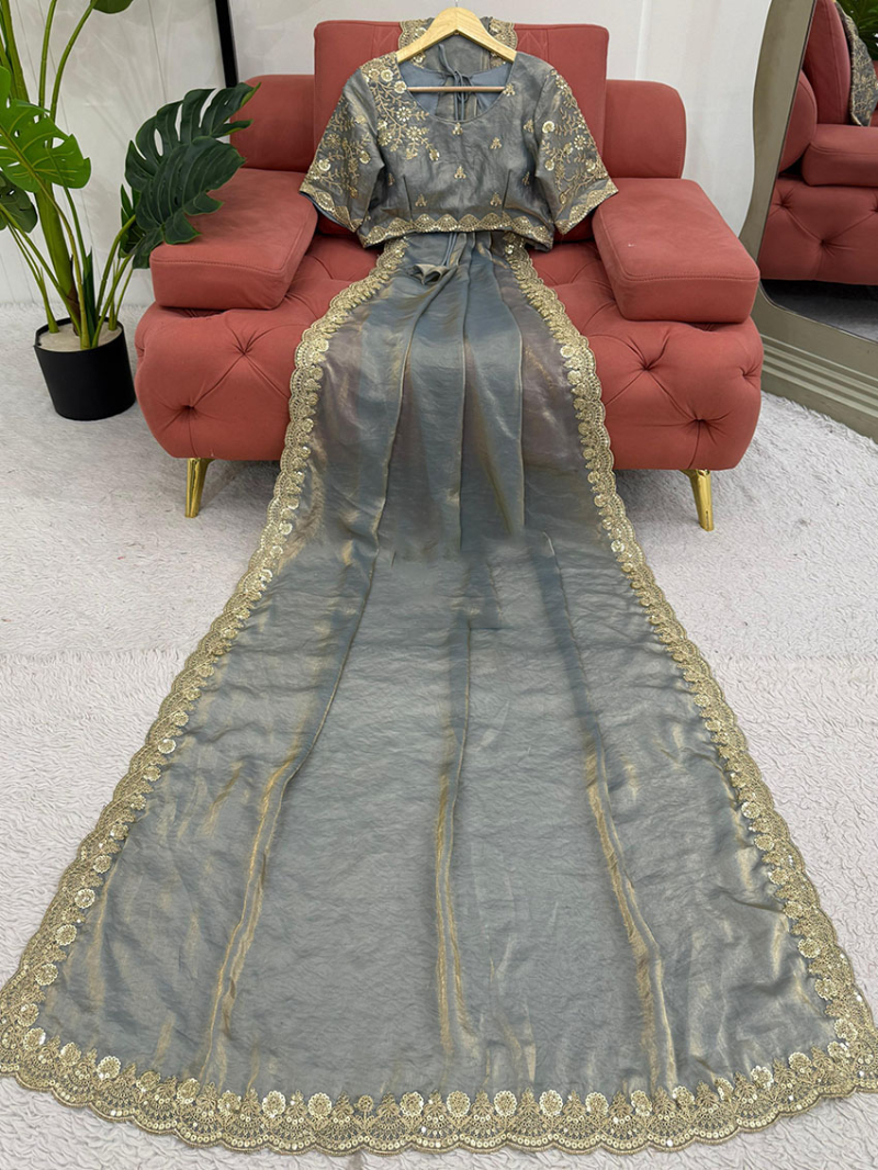 Authentic Ethnic Festive Traditional Grey Fendi Silk Saree