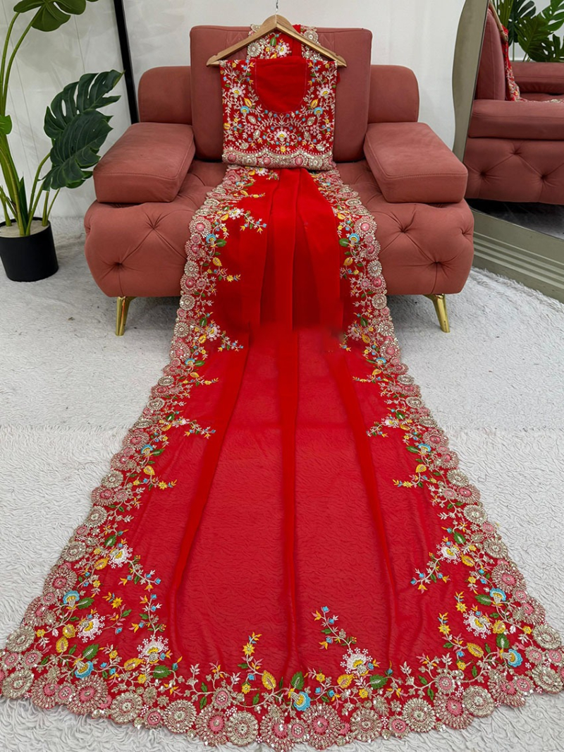 Authentic Ethnic Festive Traditional Red Georgette Saree