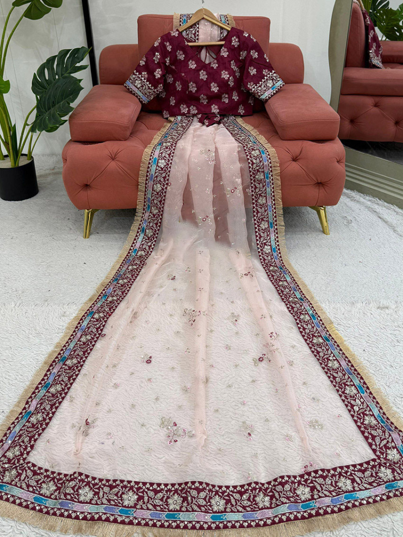 Traditional Festive Ethnic Blush Pink Organza Silk Saree