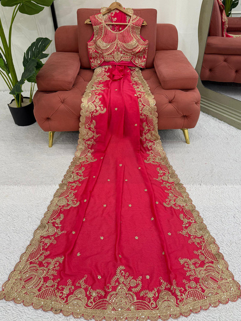 Traditional Ethnic Elegant Festive Red Pink Vichitra Silk Saree