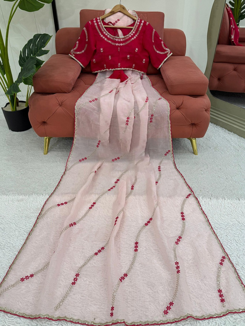 Traditional Ethnic Elegant Festive Light Pink Crunchy Silk Saree