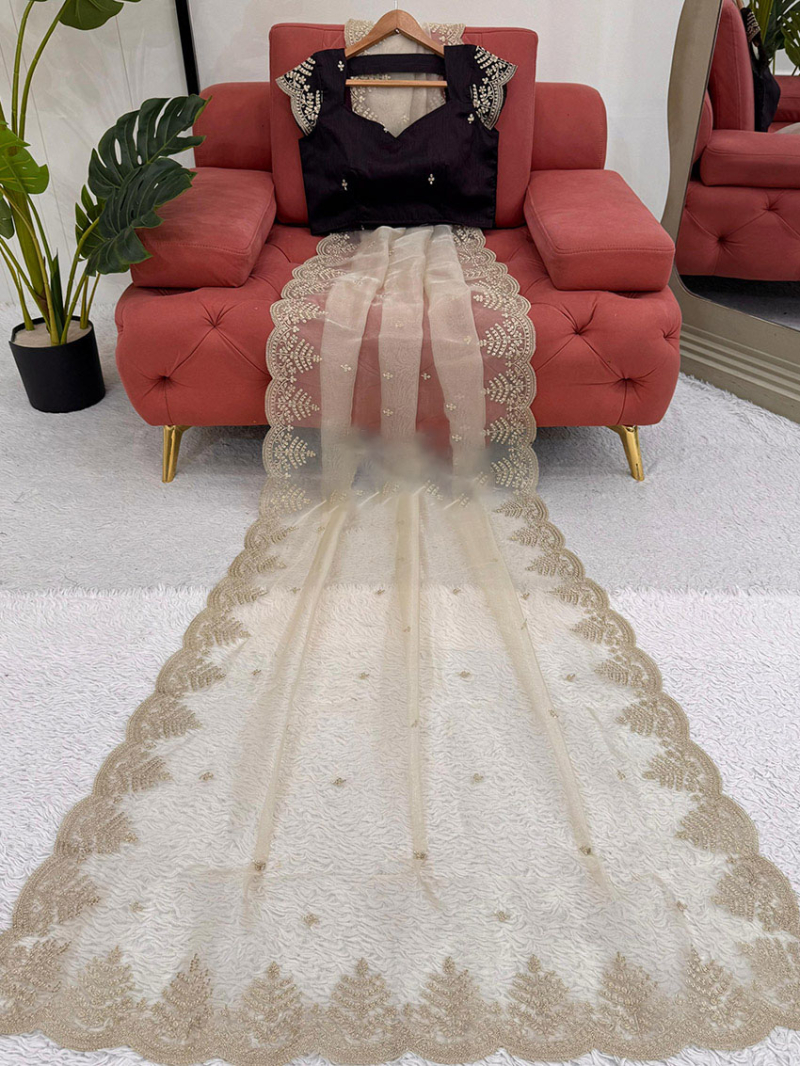 Traditional Ethnic Festive Elegant Cream Organza Silk Saree