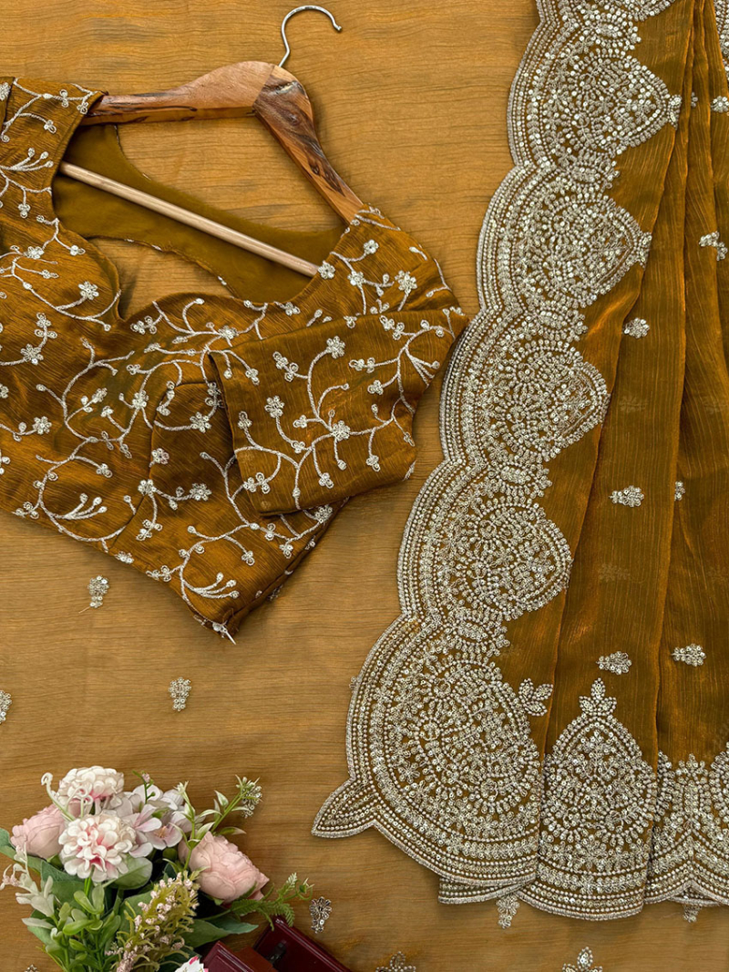 Authentic Elegant Ethnic Festive Golden Brown Fendi Chiffon Saree