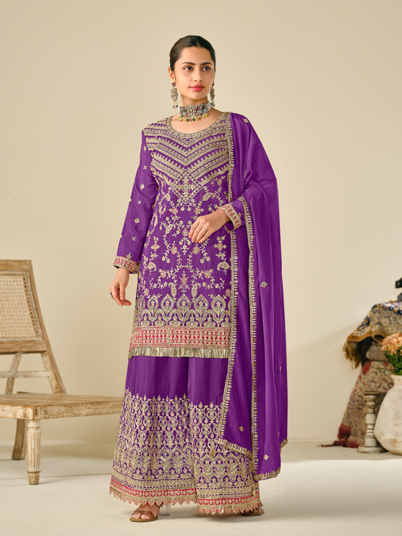 Elegant Festive Traditional Purple Chinnon Silk Plazo Suit
