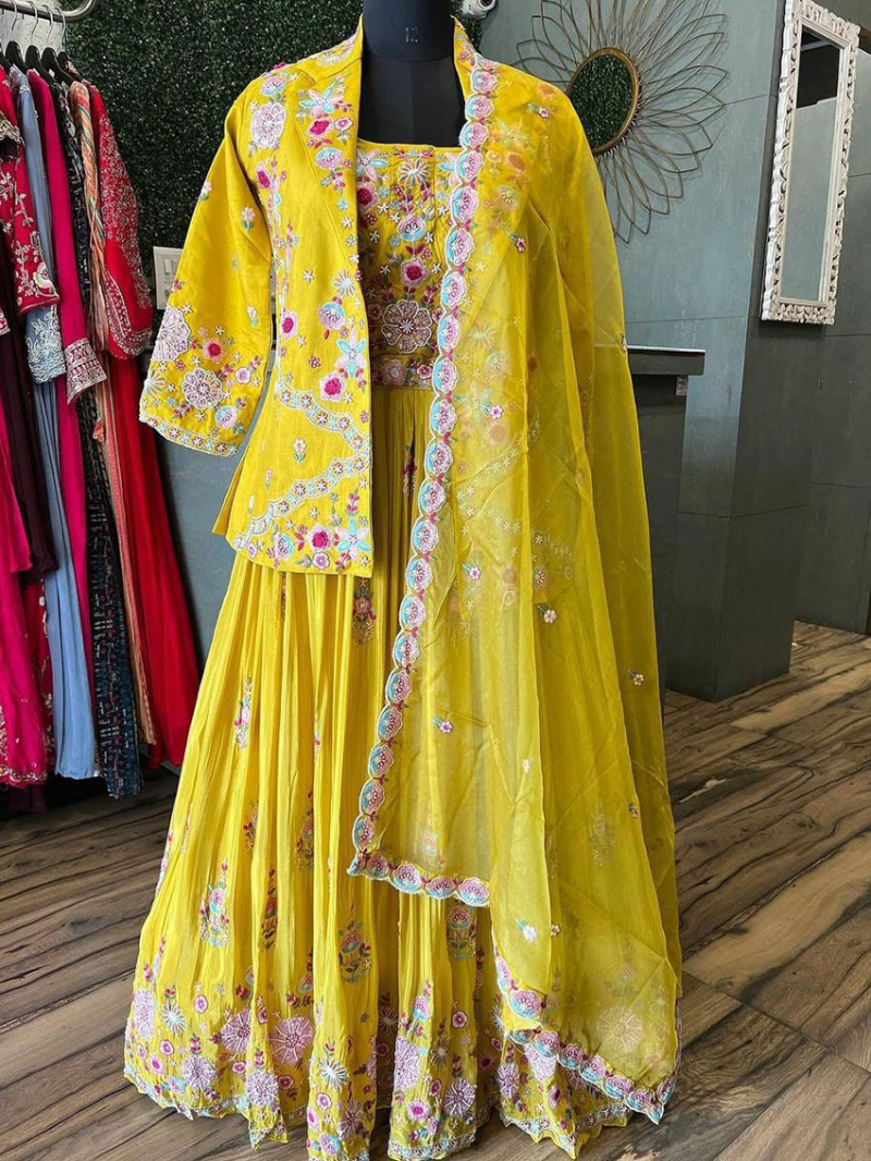 Designer Ethnic Elegant Yellow Chinnon Lehanga Suit