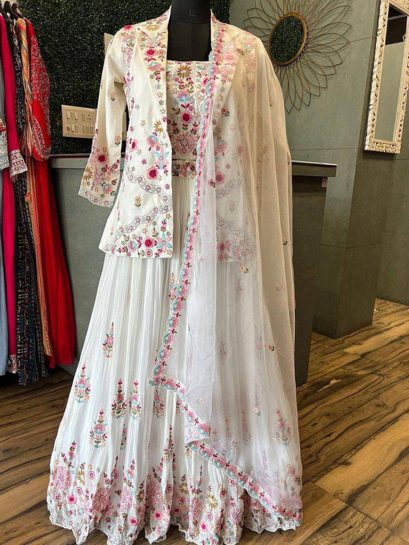 Designer Traditional Elegant White Chinnon Lehanga Suit