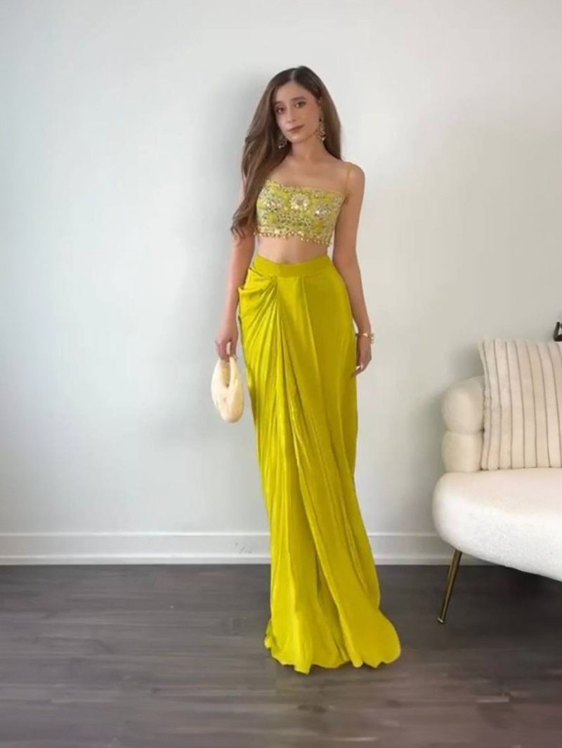 Designer Elegant Lime Yellow French Silk Shrug With Drapped Dhoti