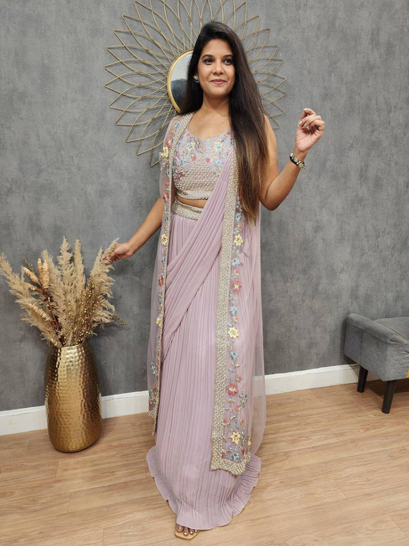 Designer Elegant Crush Georgette  with Koti  Pastel Pink Saree