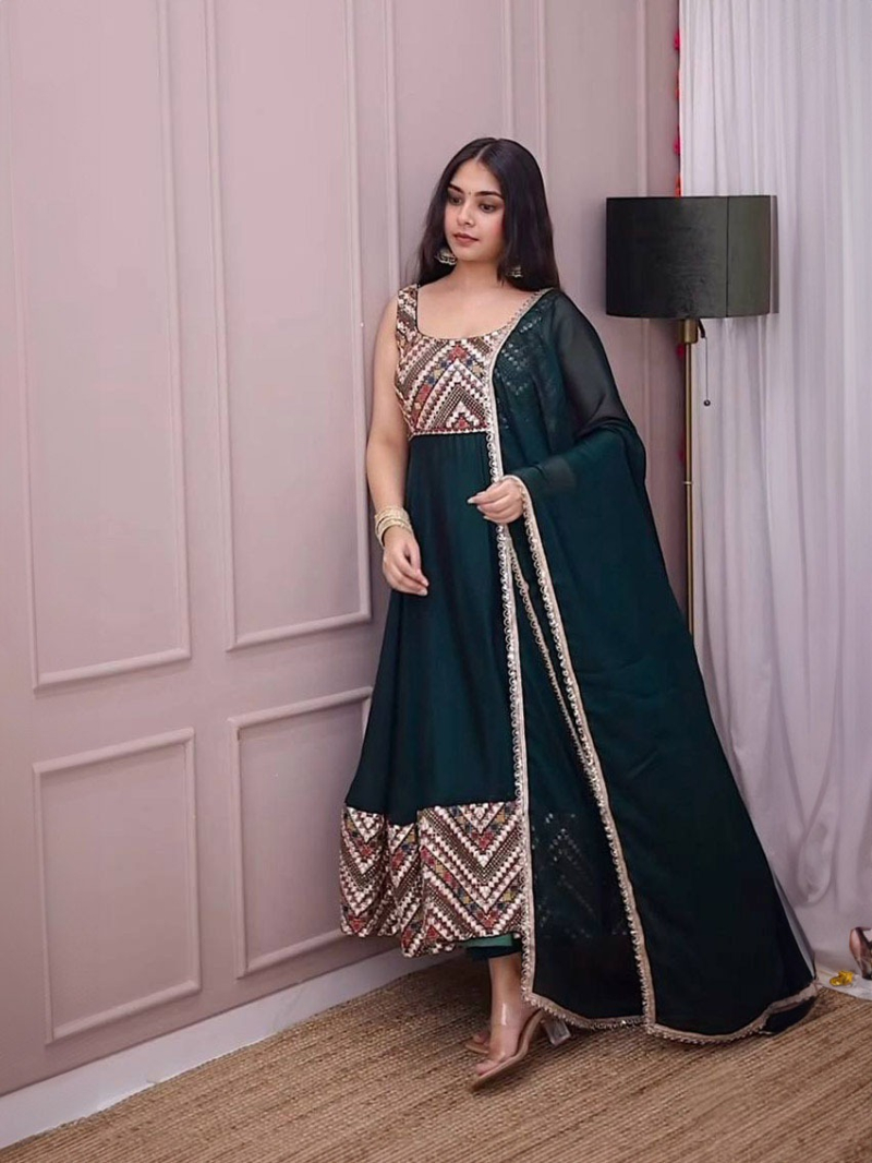Elegant Traditional Ethnic Bottle Green Georgette Anarkali Suit