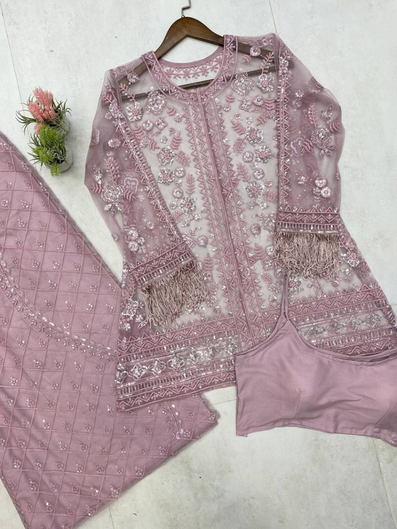 Designer Elegant Ethnic Mauve Butterfly Net Plazo Suit