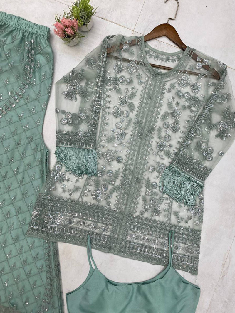 Elegant Ethic Festive Mint Green Butterfly Net Plazo Suit