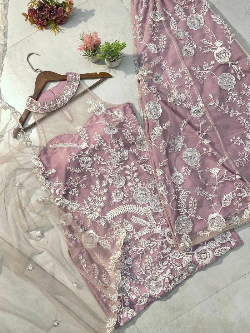 Elegant Ethnic Festive  Butterfly Net Onion Pink Plazo Suit