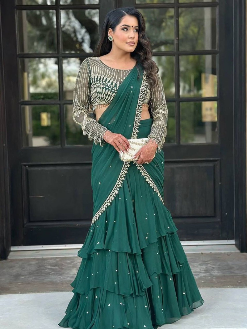 Designer Elegant Ethnic Deep Emerald Green Georgette Saree