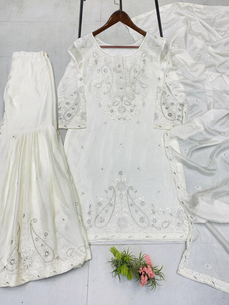 Designer Elegant Ethnic White Chinnon Sharara Suit