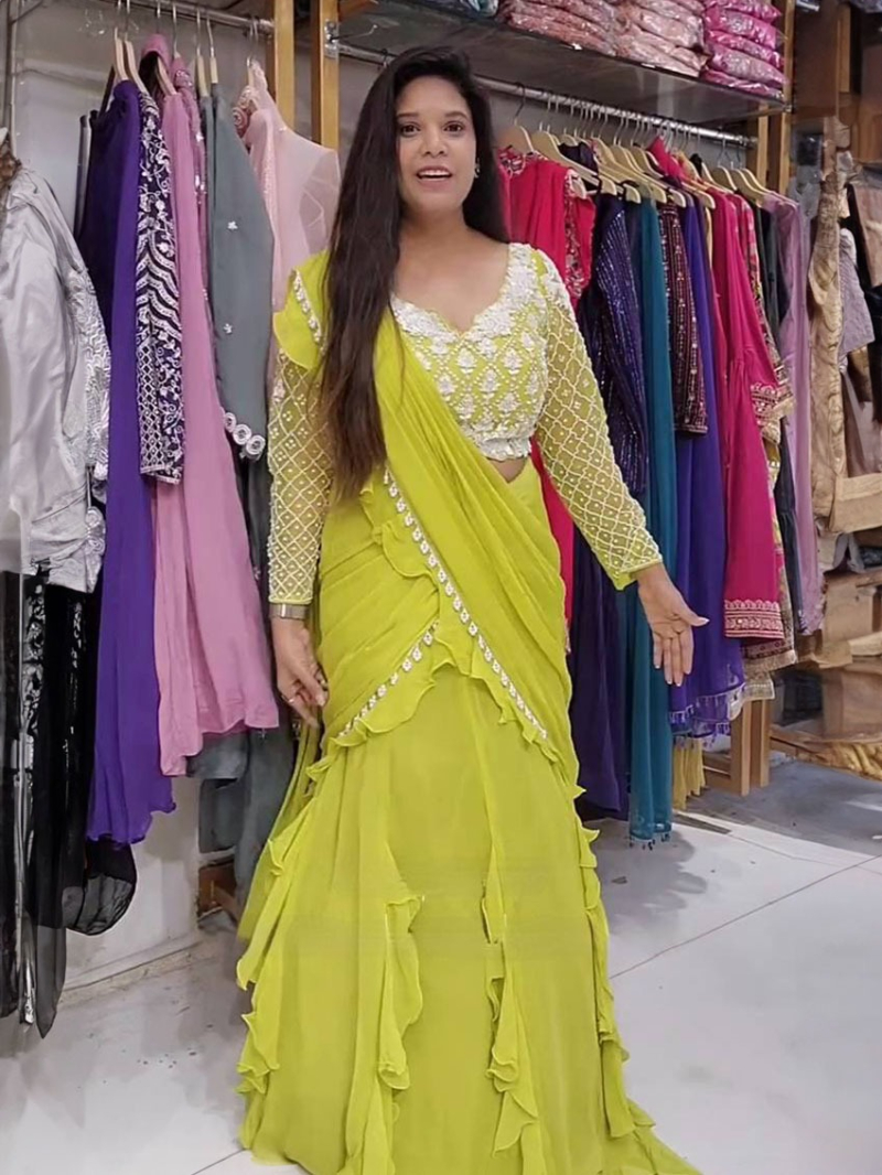 Designer Elegant Ethnic Lime Yellow Georgette Saree