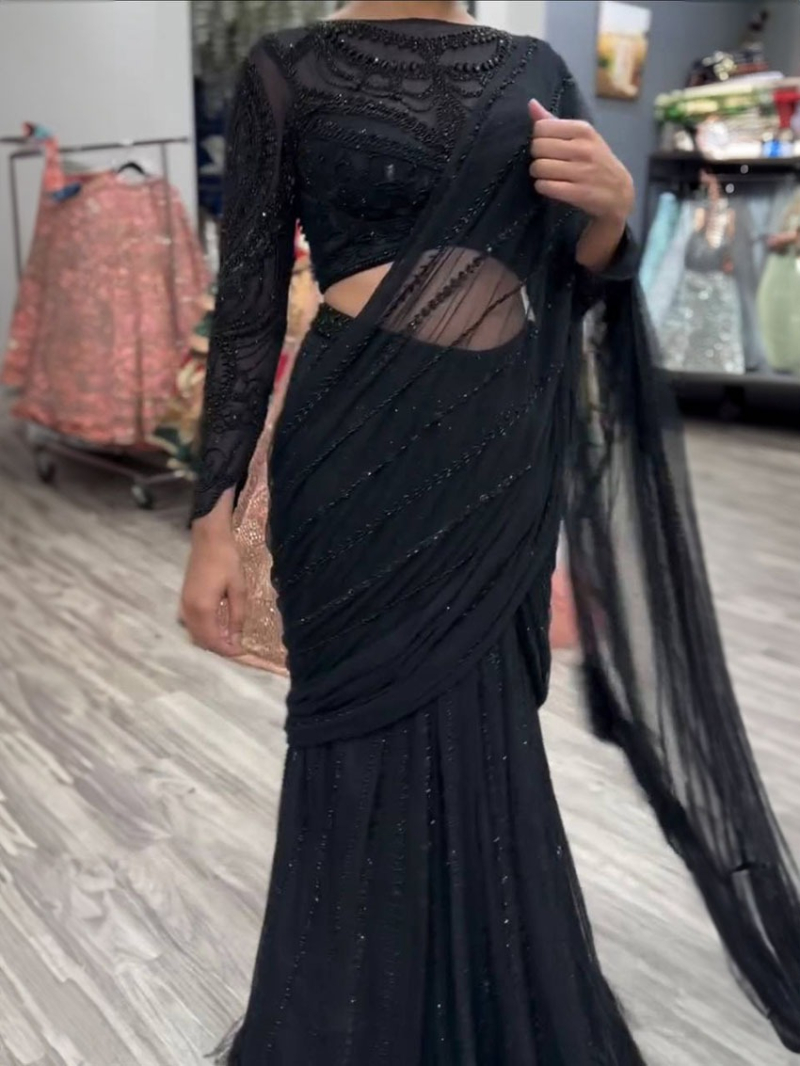 Designer Elegant Festive Black Butterfly Net Saree