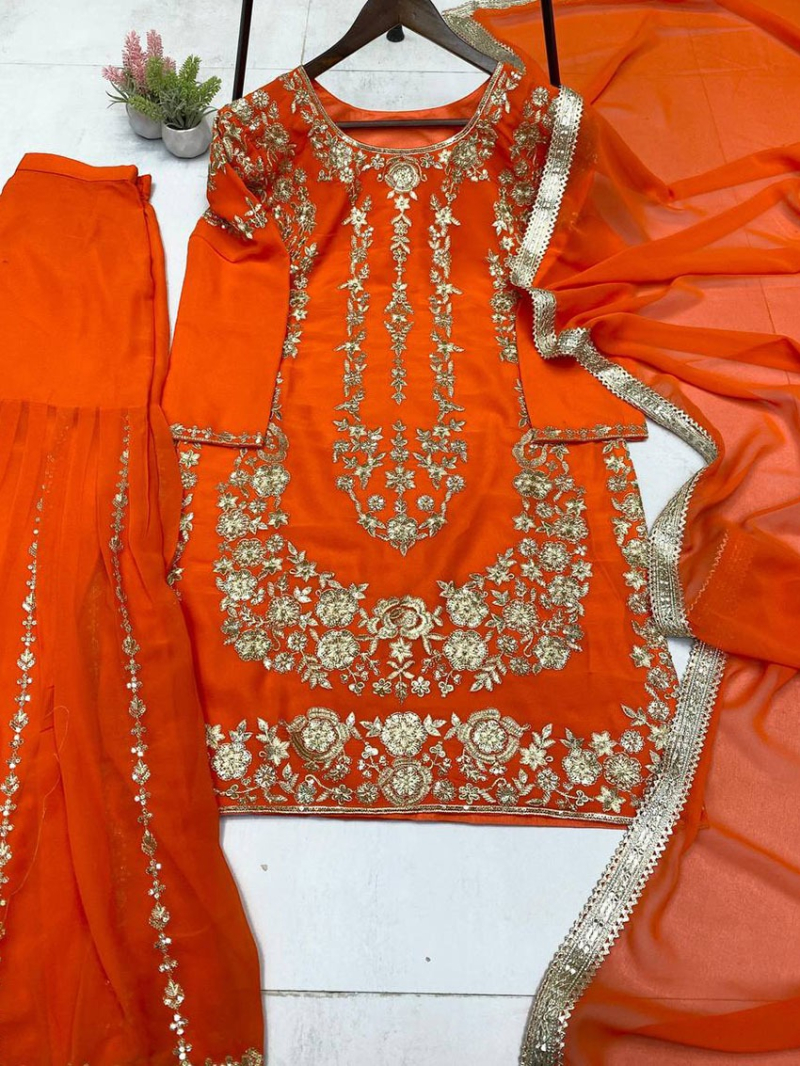 Ethnic Festive Traditional Orange Georgette Sharara Suit