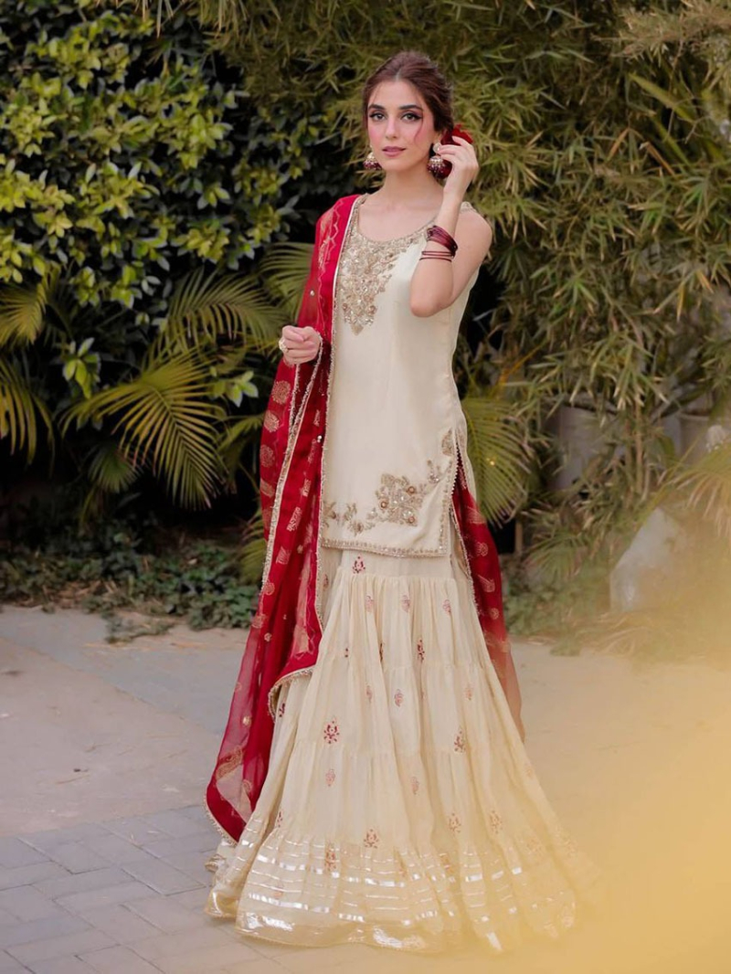 Designer Ethnic Festive Cream Chinnon Silk Sharara Suit