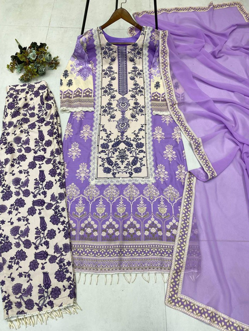 Traditional Ethnic Festive Lavender & Cream Muslin Straight Suit