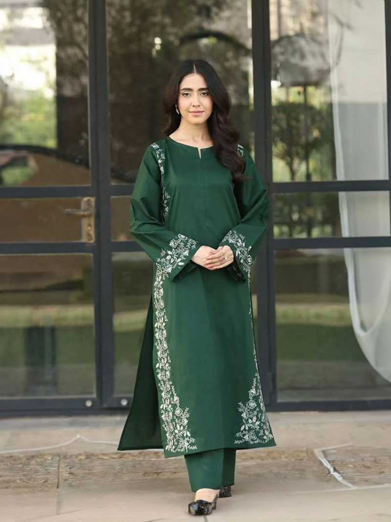 Traditional Festive  Deep Emerald Green Roman Silk Straight Suit