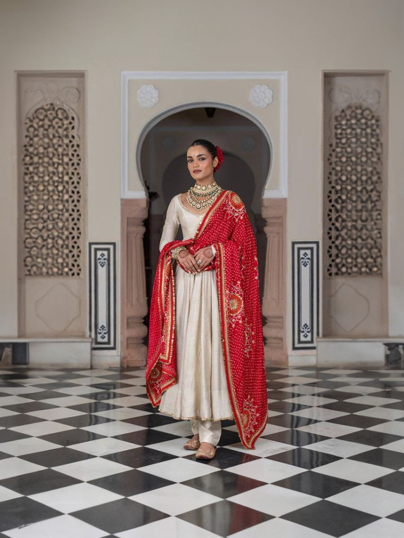 Ethnic Festive Traditional Ivory Chinnon Silk Anarakai Suit