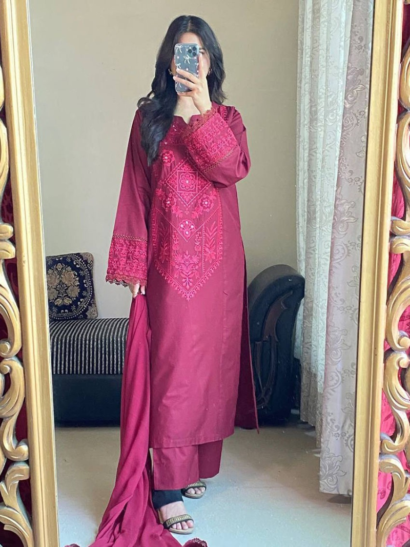 Traditional Ethic Festive Maroon Roman Silk Straight Suit