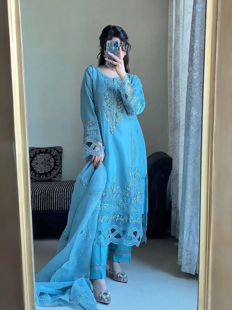Traditional Elegant Festive Georgette Sky Blue Straight Suit