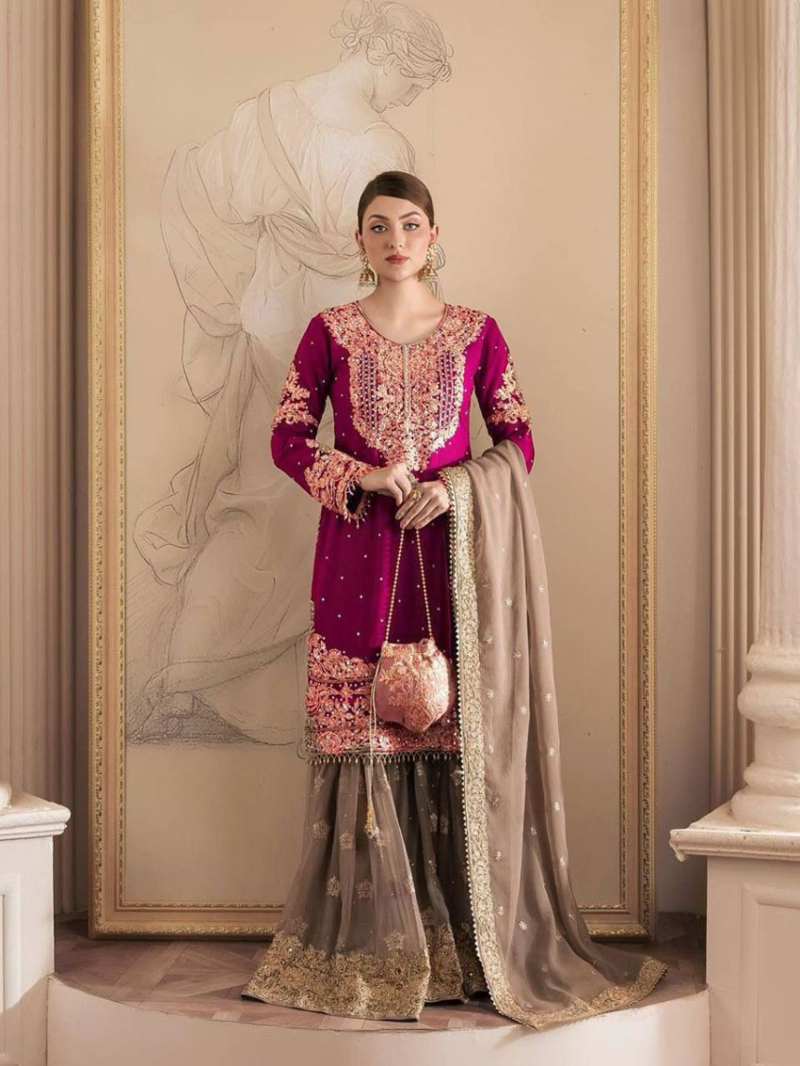 Elegant Ethnic Magenta Faux Georgette Embroidered Sharara Suit