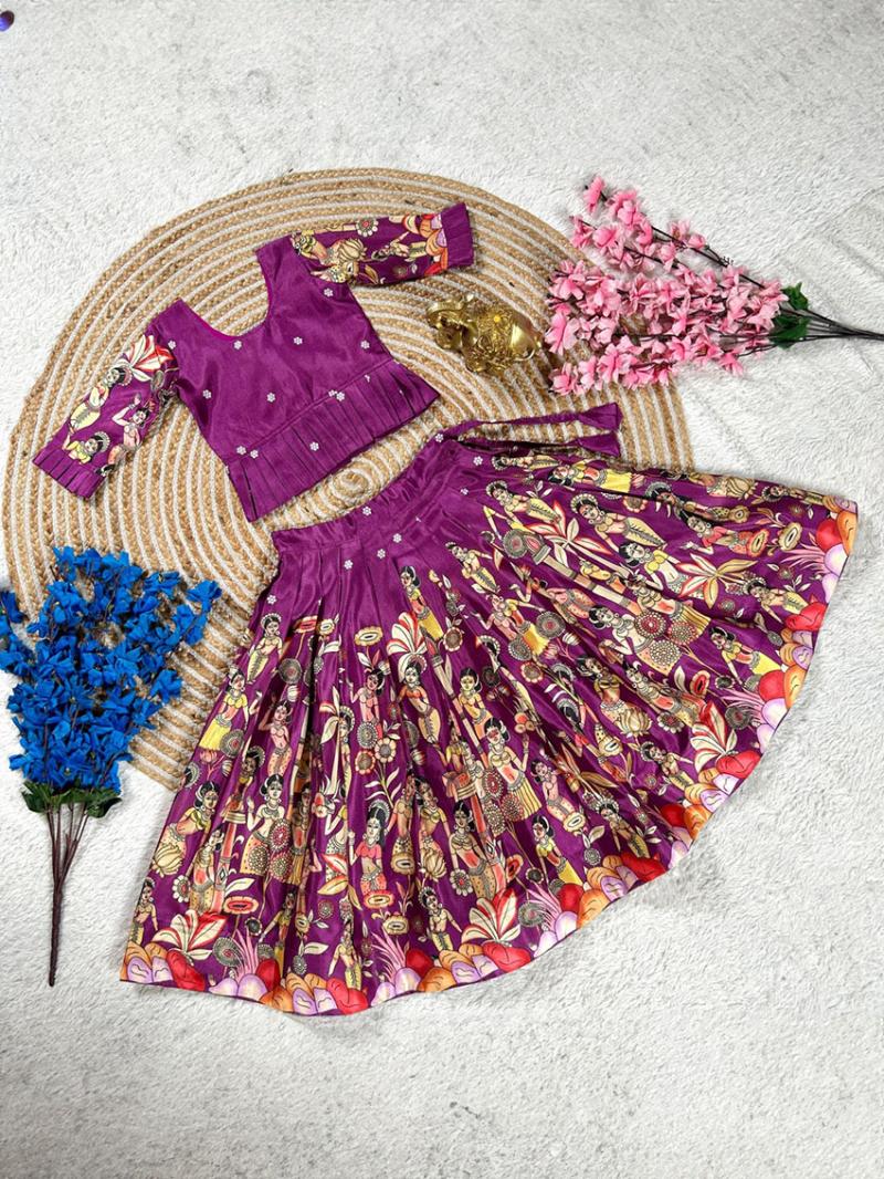 Ethnic Traditional Magenta Dola Silk Kids Lehanga Suit