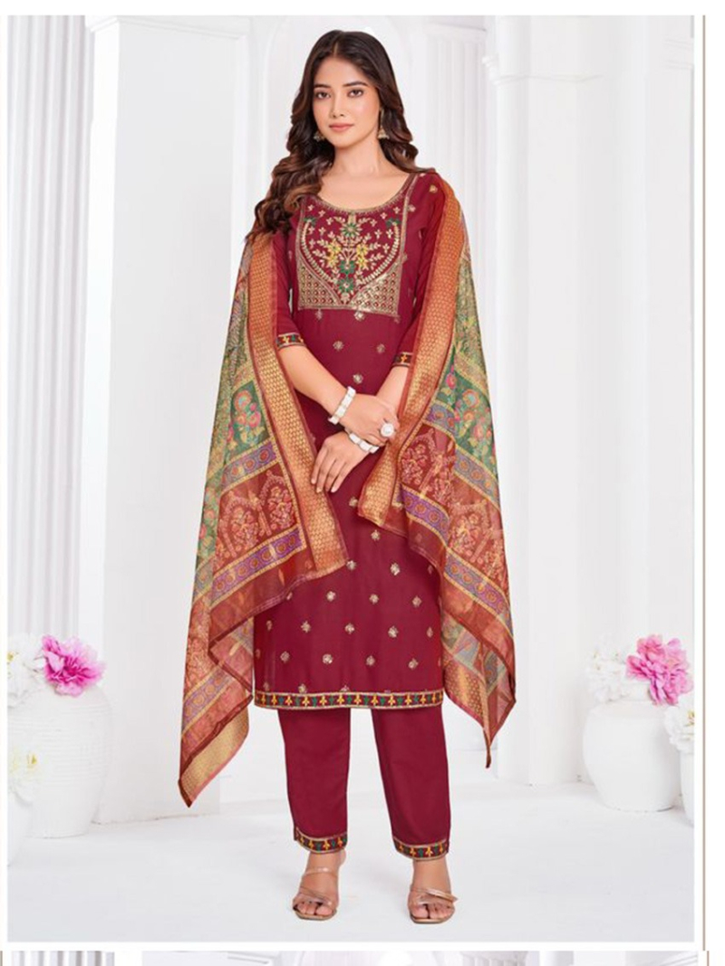 Traditional Casual Embroidered Maroon Rayon Straight Suit