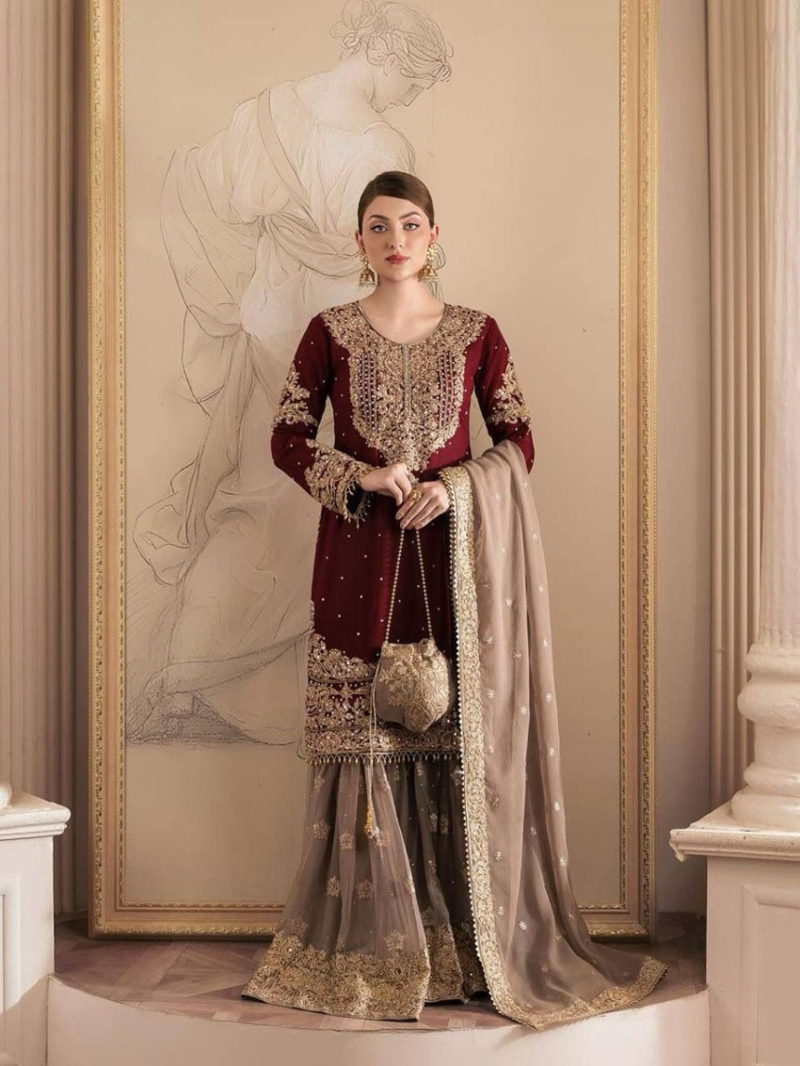 Authentic Maroon and Gold Faux Georgette Embroidered Sharara Suit