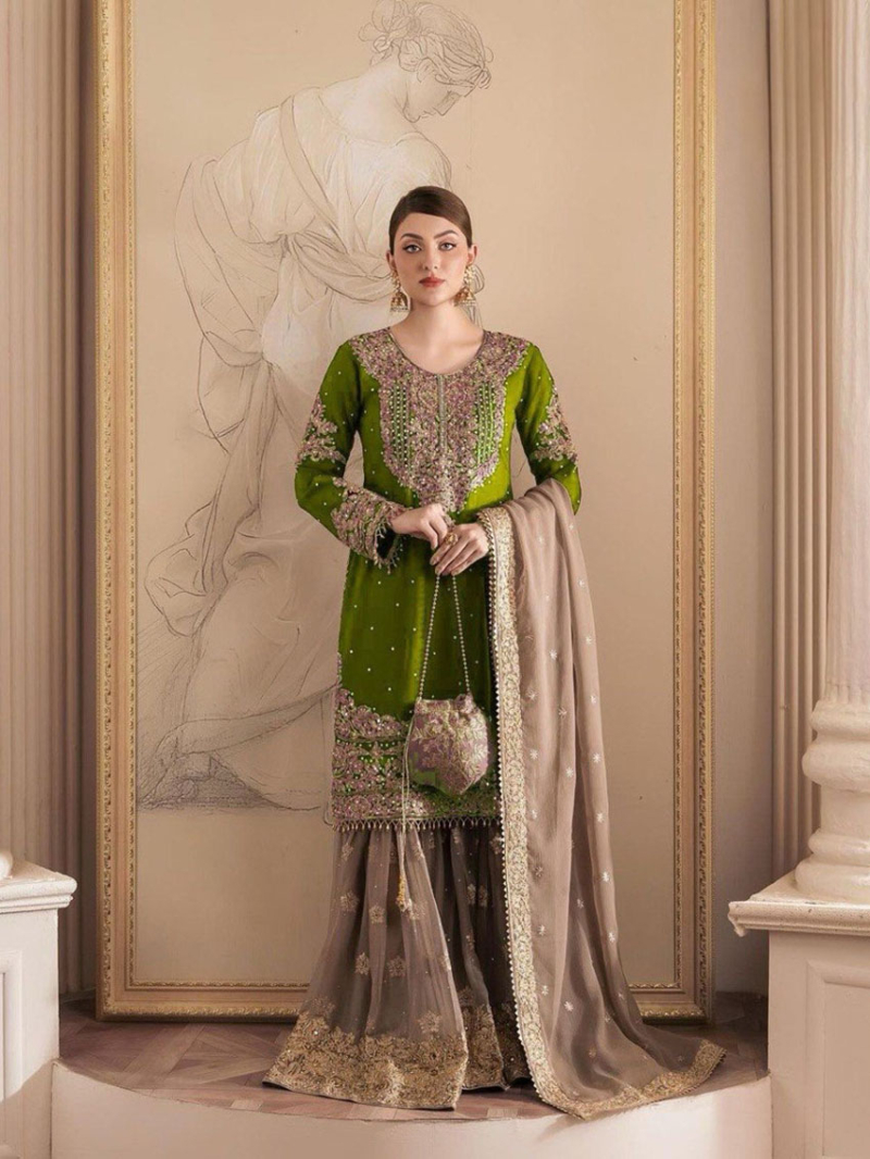 Elegant Traditional Olive Green Faux Georgette Embroidered Sharara Suit