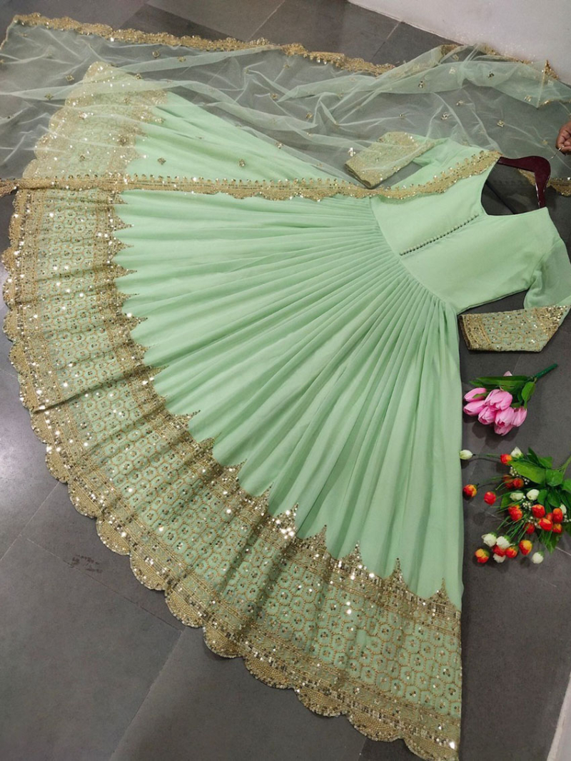 Ethnic Festive Traditional Mint Green Embroidered Anarkali Gown Suit