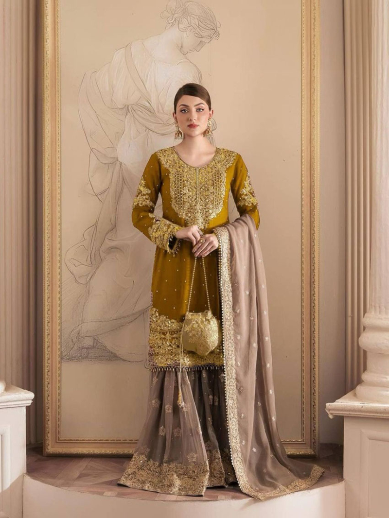 Elegant Traditional Mustard Faux Georgette Embroidered Sharara Suit