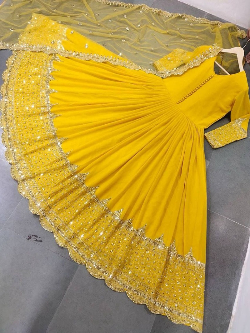 Ethnic Traditional Mustard Yellow Embroidered Anarkali Gown Suit