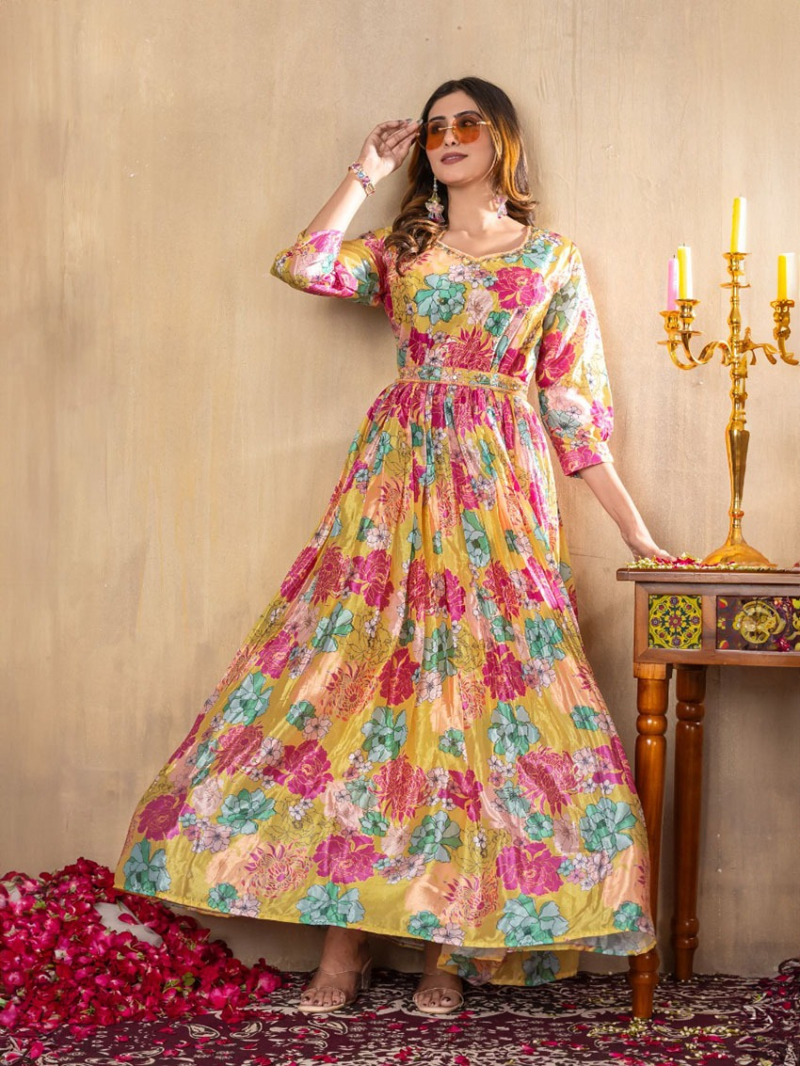 Ethnic Traditional Mustard Yellow Chinnon Silk long Anarkali Style Gown
