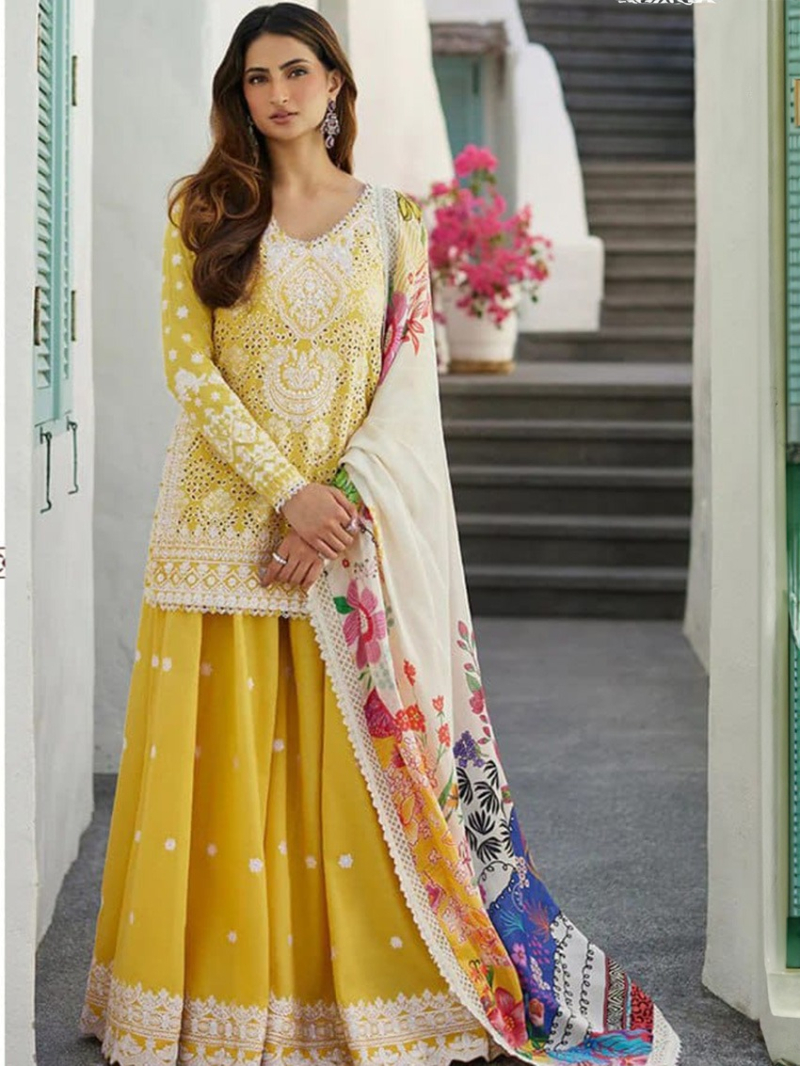 Yellow Embroidered Work Rayon Cotton Pakistani Plazo Suit